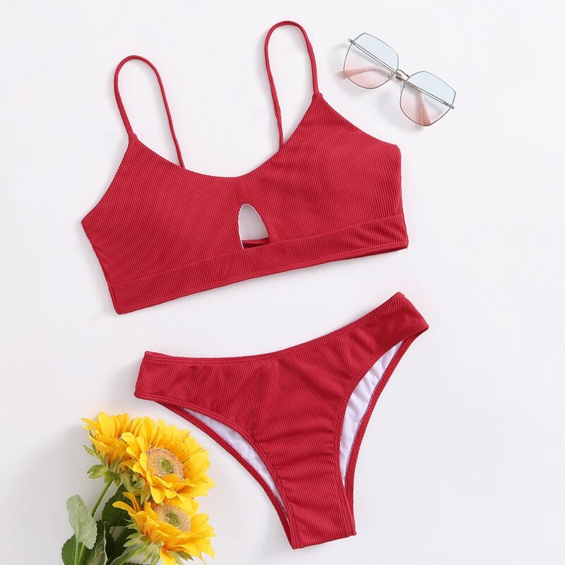 

Solid Cut Out Bikini Swimsuit, Red