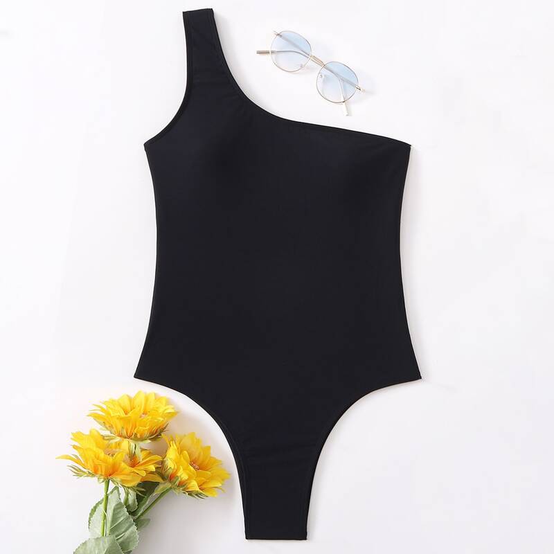 

Solid One Shoulder One Piece Swimsuit, Black