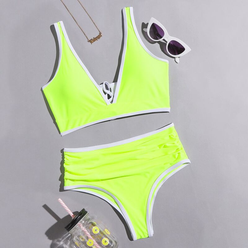 

Contrast Binding Lace Up Bikini Swimsuit, Yellow