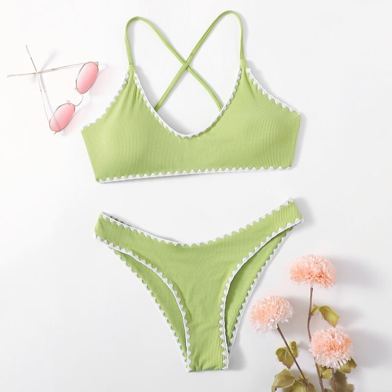 

Contrast Binding Criss Cross Bikini Swimsuit, Lime green