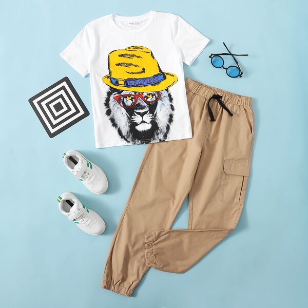 

Boys Letter and Animal Print Top & Pants Set, Multicolor