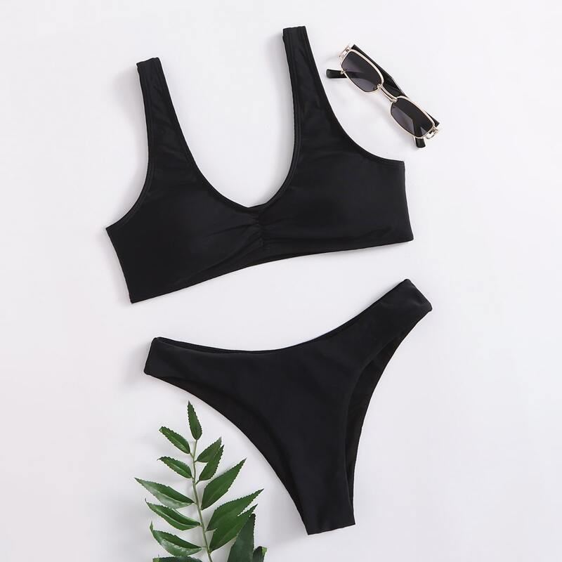 

Solid Ruched Bikini Swimsuit, Black