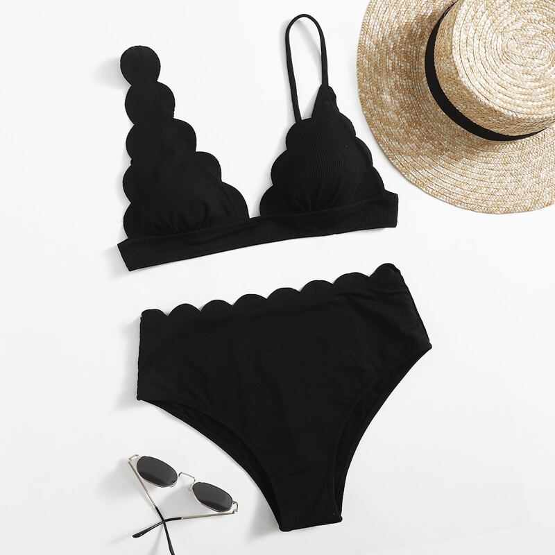 

Solid Scallop Bikini Swimsuit, Black
