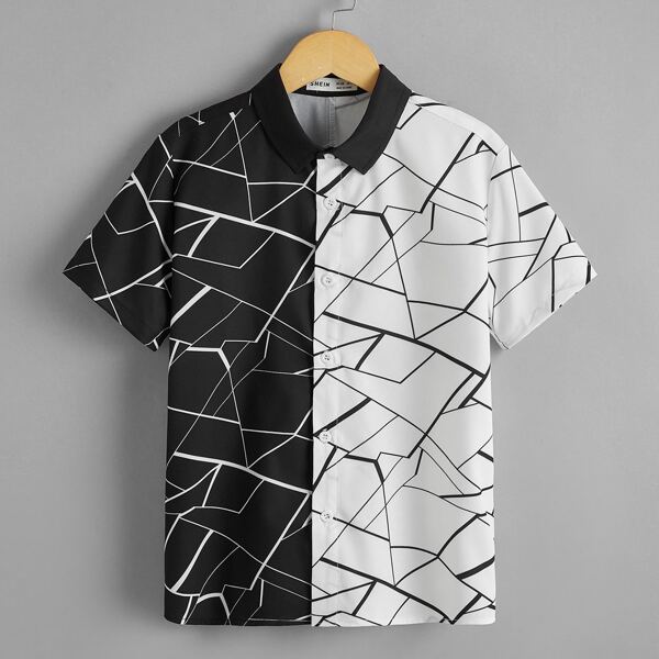 

Boys Allover Print Two Tone Shirt, Black and white