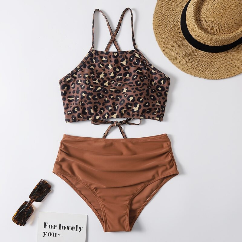 

Leopard High Waisted Bikini Swimsuit, Brown