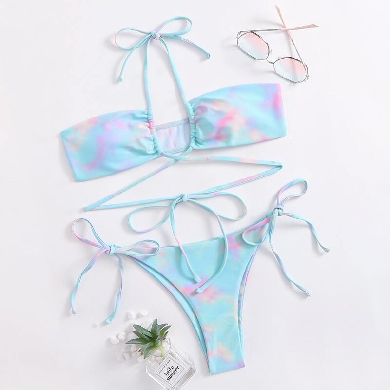

Tie Dye Halter Tie Side Bikini Swimsuit, Multicolor