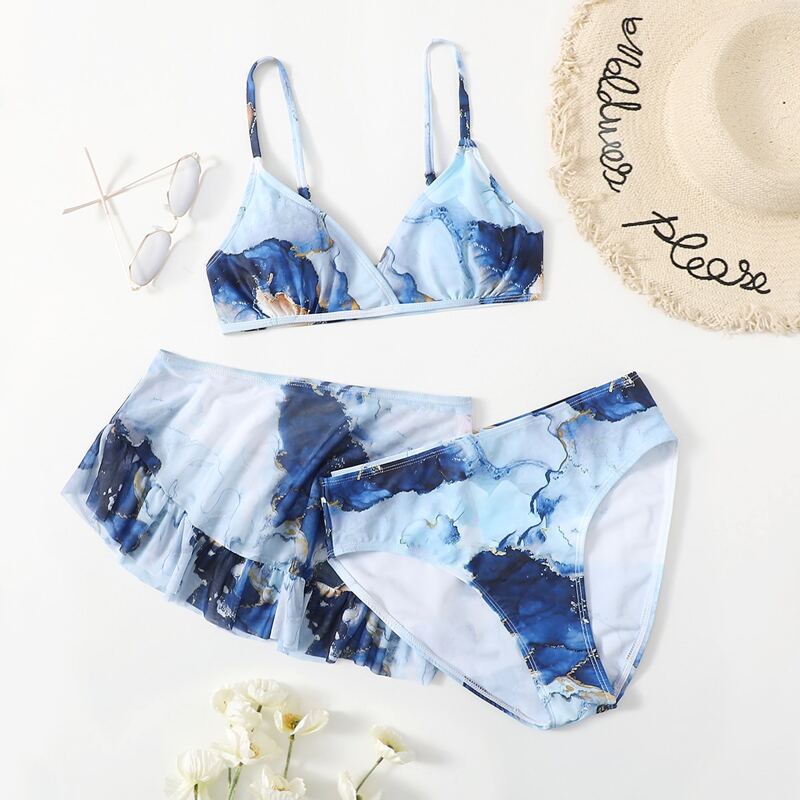 

3pack Marble Ruffle Hem Bikini Swimsuit & Skirt, Blue