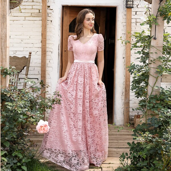 

Puff Sleeve Maxi Lace Dress, Baby pink