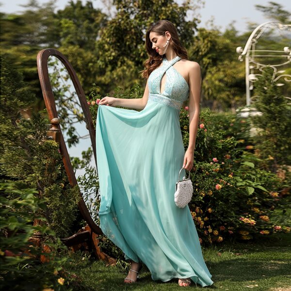 

Contrast Sequin Criss Cross Front Halter Neck Flowy Maxi Dresses, Mint blue