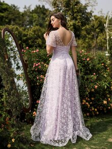 小碎花網紗超長連衣裙 - 紫丁香色 - 查看 2