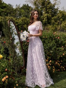 小碎花網紗超長連衣裙 - 紫丁香色 - 查看 3