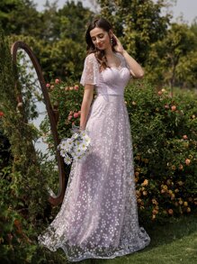 小碎花網紗超長連衣裙 - 紫丁香色 - 查看 4