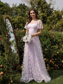 小碎花網紗超長連衣裙 - 紫丁香色 - 查看 5