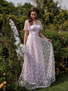 小碎花網紗超長連衣裙 - 紫丁香色 - 查看 6