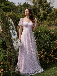 小碎花網紗超長連衣裙 - 紫丁香色 - 查看 7