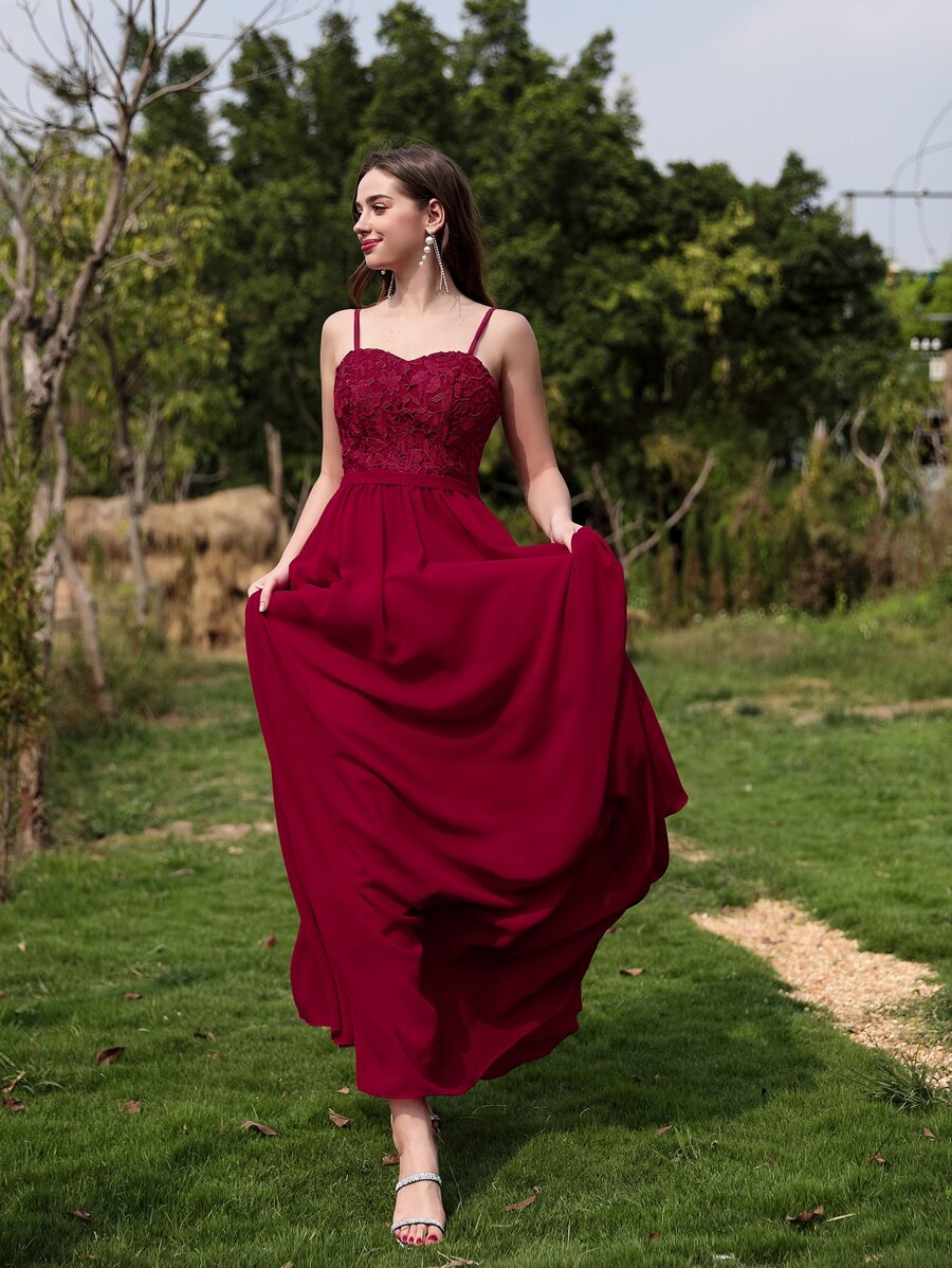 SHEIN Belle Lace Insert Solid Longline Dress - Burgundy - View 1