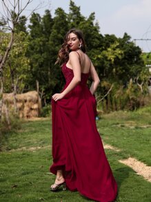 SHEIN Belle Lace Insert Solid Longline Dress - Burgundy - View 2