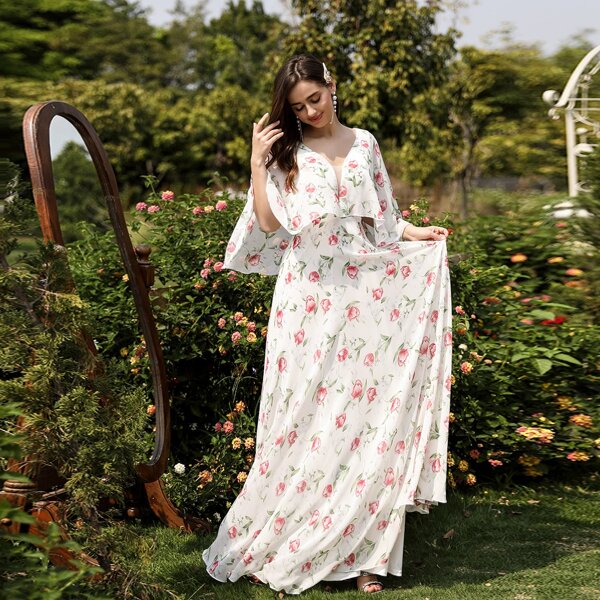 

Allover Floral Print Cloak Sleeve Chiffon Dress, White