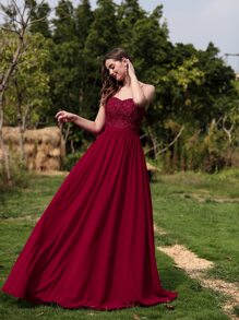 SHEIN Belle Lace Insert Solid Longline Dress - Burgundy - View 3