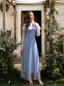 SHEIN Belle Vestido largo con malla con lentejuela en contraste - Neblina azul - Ver 1