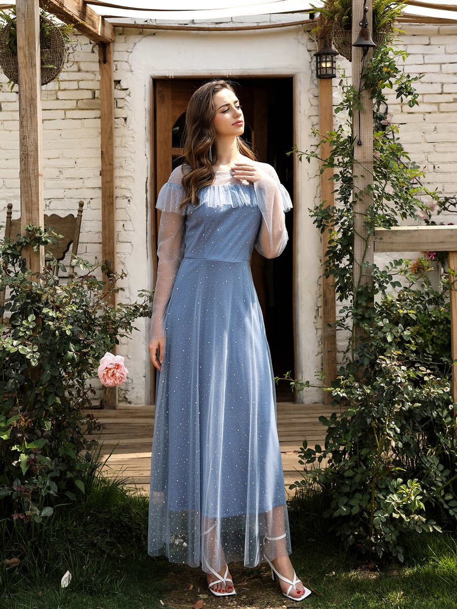 SHEIN Belle Vestido largo con malla con lentejuela en contraste - Neblina azul - Ver 1