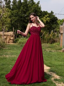 SHEIN Belle Lace Insert Solid Longline Dress - Burgundy - View 6