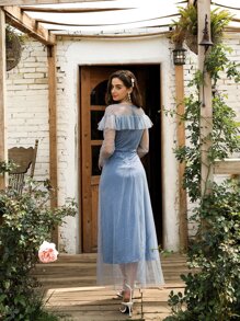 SHEIN Belle Vestido largo con malla con lentejuela en contraste - Neblina azul - Ver 2