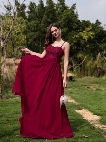 SHEIN Belle Lace Insert Solid Longline Dress - Burgundy - View 7