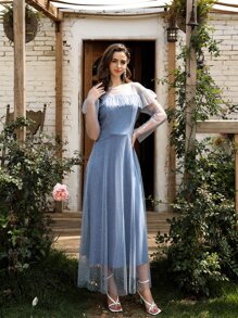 SHEIN Belle Vestido largo con malla con lentejuela en contraste - Neblina azul - Ver 3