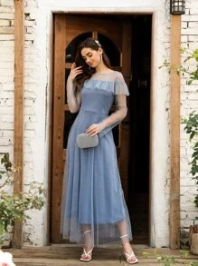 SHEIN Belle Vestido largo con malla con lentejuela en contraste - Neblina azul - Ver 5