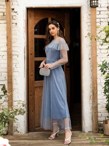 SHEIN Belle Vestido largo con malla con lentejuela en contraste - Neblina azul - Ver 6