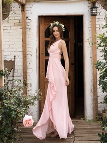 Vestido línea A a capas fruncido cruzado con tira cruzada de gasa - Rosa Pálido - Ver 3