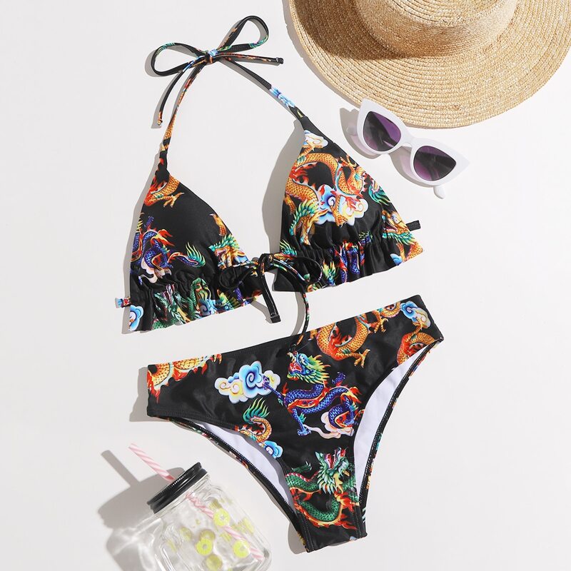 

Chinese Dragon Graphic Halter Bikini Swimsuit, Black