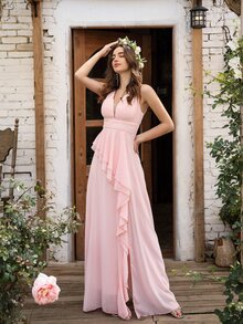 Vestido línea A a capas fruncido cruzado con tira cruzada de gasa - Rosa Pálido - Ver 5