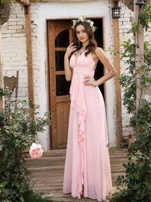 Vestido línea A a capas fruncido cruzado con tira cruzada de gasa - Rosa Pálido - Ver 6