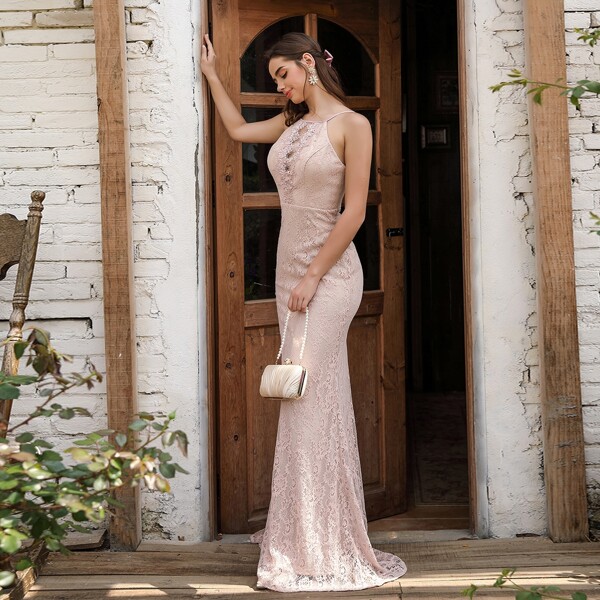 

Solid Lace Cut Out Front Fitted Dress, Baby pink