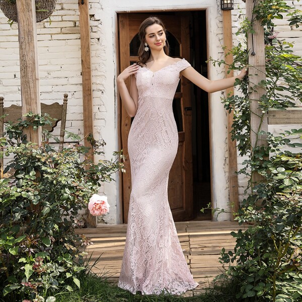 

Solid Lace Bardot Fitted Dress, Baby pink