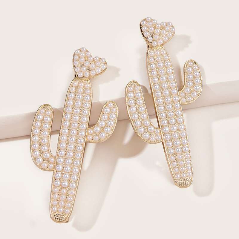 

2pcs Faux Pearl Decor Cactus Design Hair Clip, Multicolor