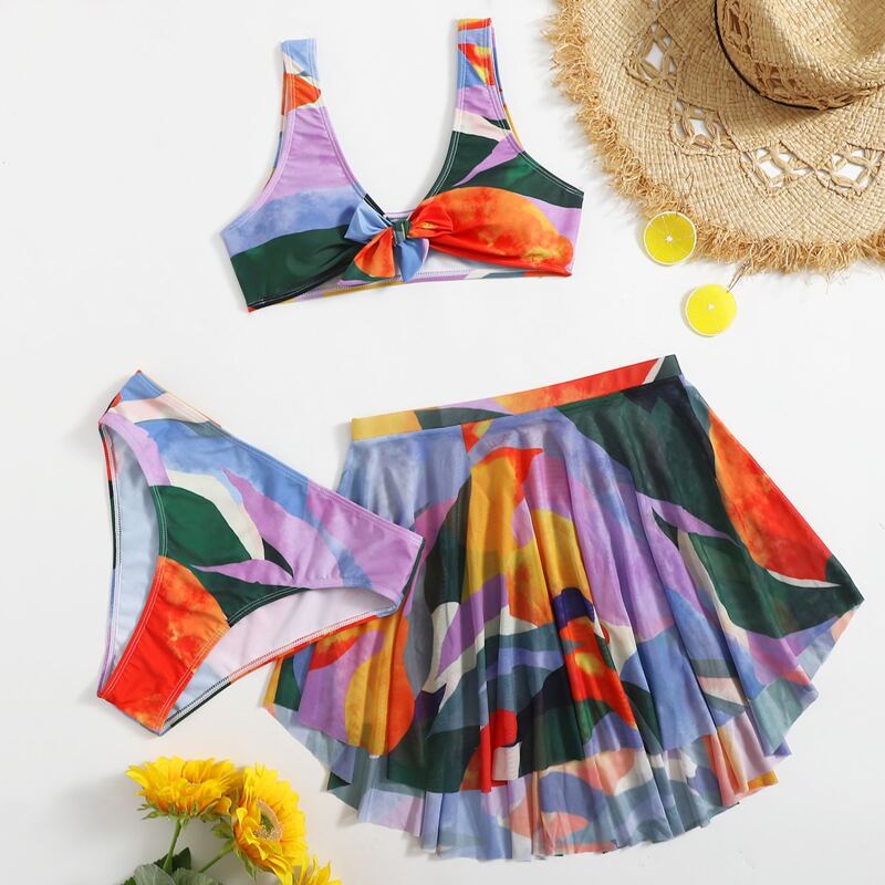 

3pack Colorblock Bow Decor Bikini Swimsuit & Skirt, Multicolor