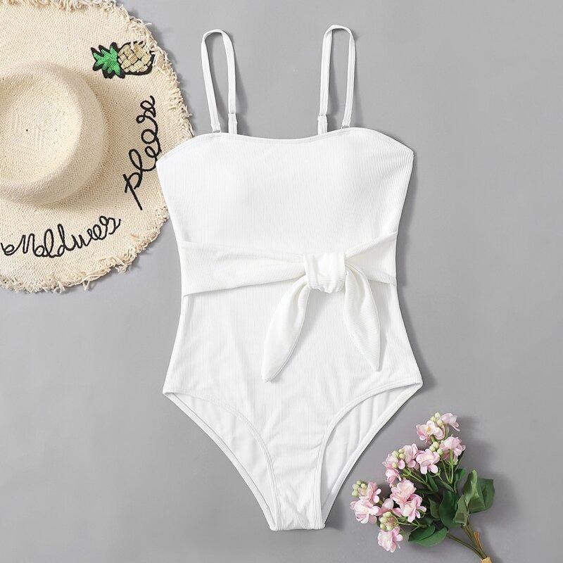 

Solid Belted One Piece Swimsuit, White
