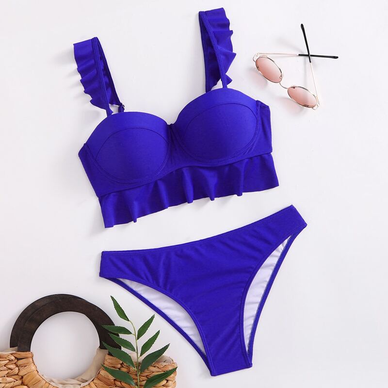 

Solid Ruffle Push Up Bikini Swimsuit, Royal blue