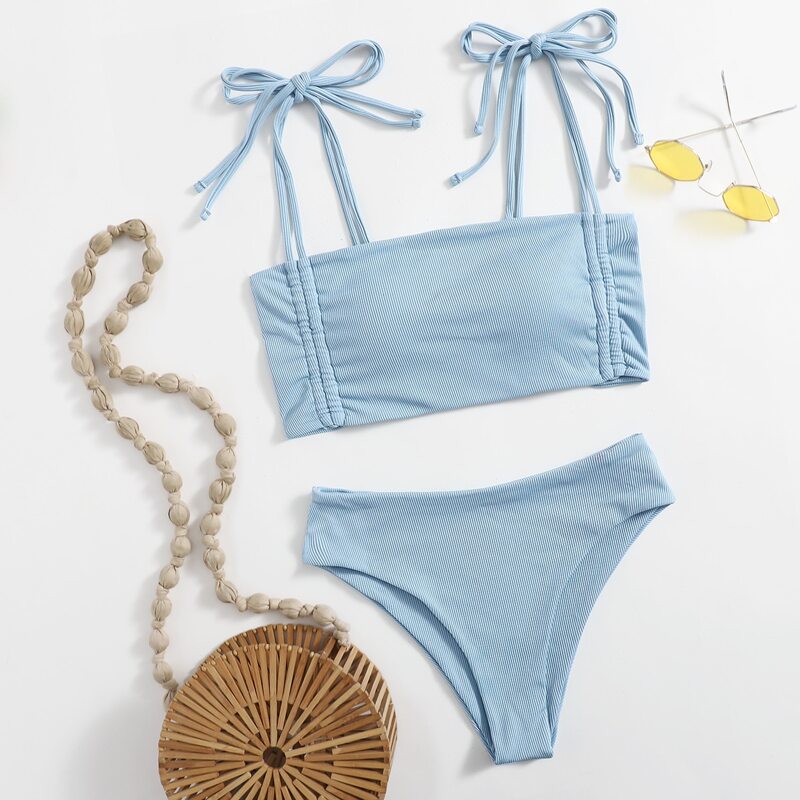 

Solid Tie Shoulder Bikini Swimsuit, Baby blue