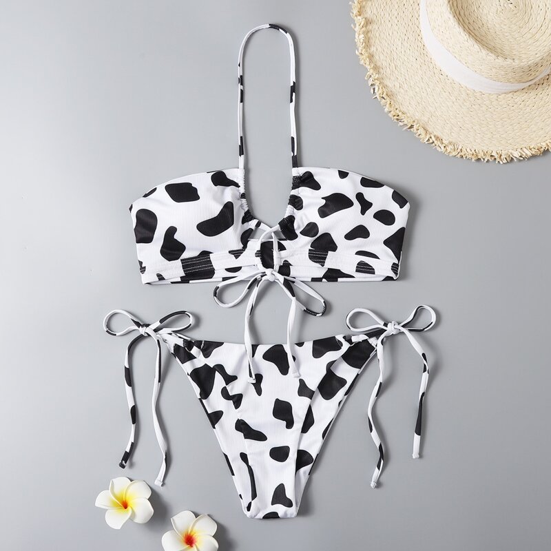 

Cow Print Halter Tie Side Bikini Swimsuit, Multicolor