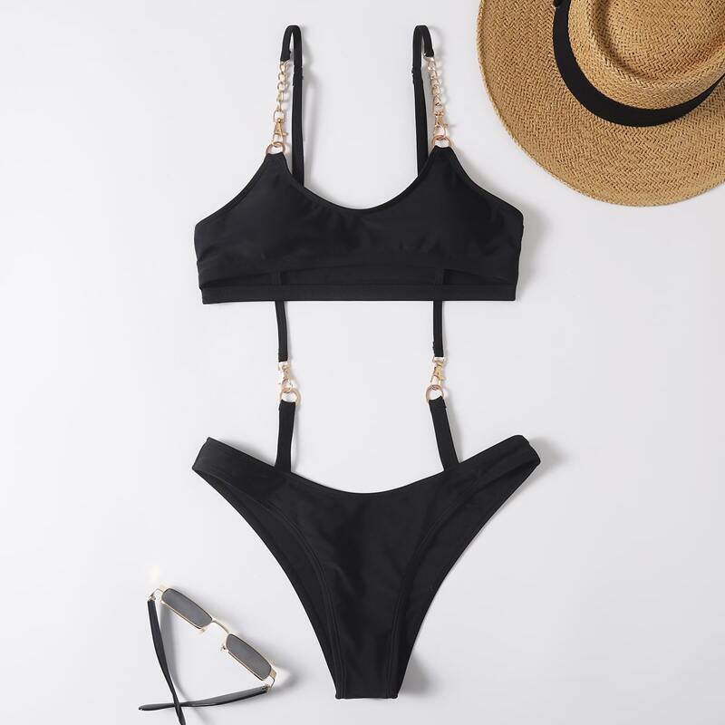 

Solid Chain Ring Decor One Piece Swimsuit, Black