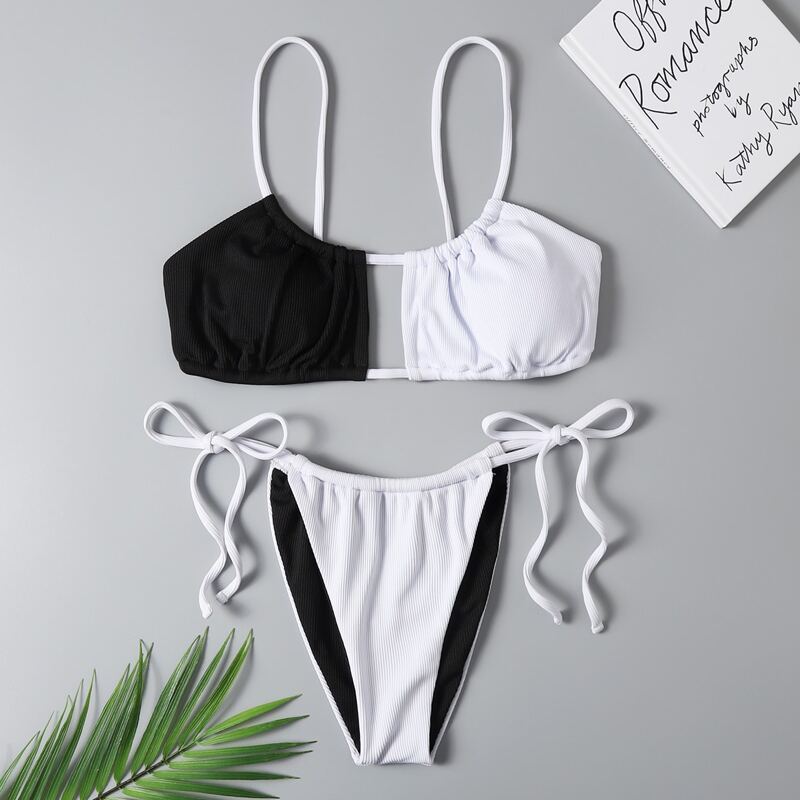 

Colorblock Tie Side Bikini Swimsuit, Black and white