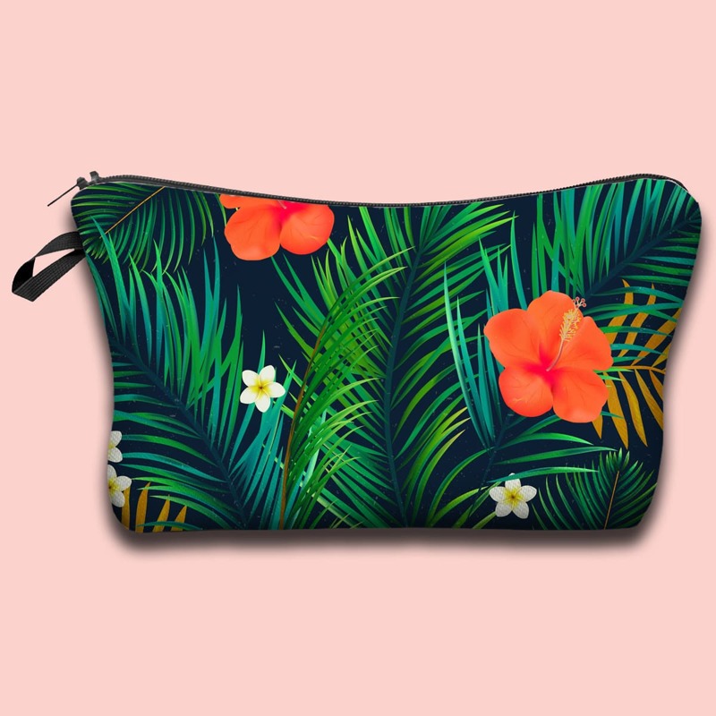 

Flower & Leaf Print Makeup Bag, Green