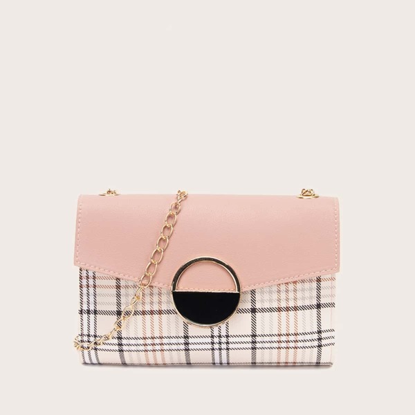 

Metal Lock Plaid Crossbody Bag, Baby pink