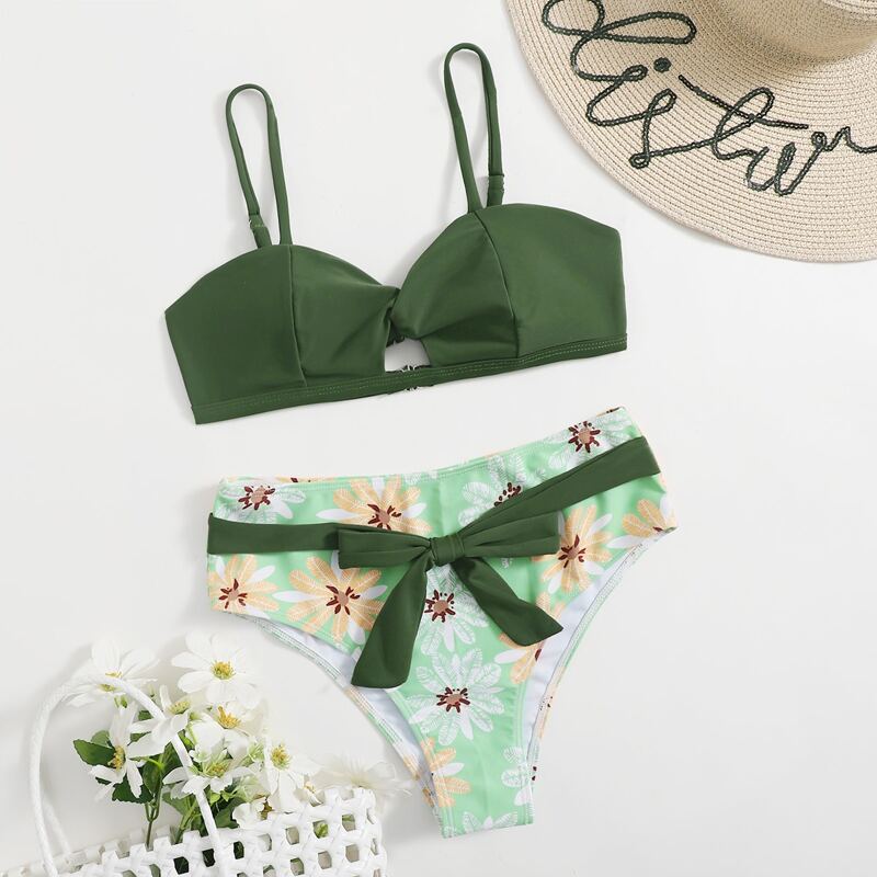 

Floral Twist Cut Out Belted Bikini Swimsuit, Multicolor