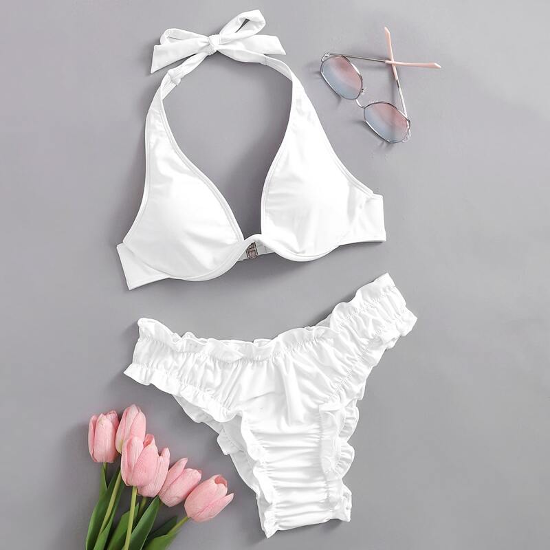 

Solid Halter Push Up Lettuce Trim Bikini Swimsuit, White