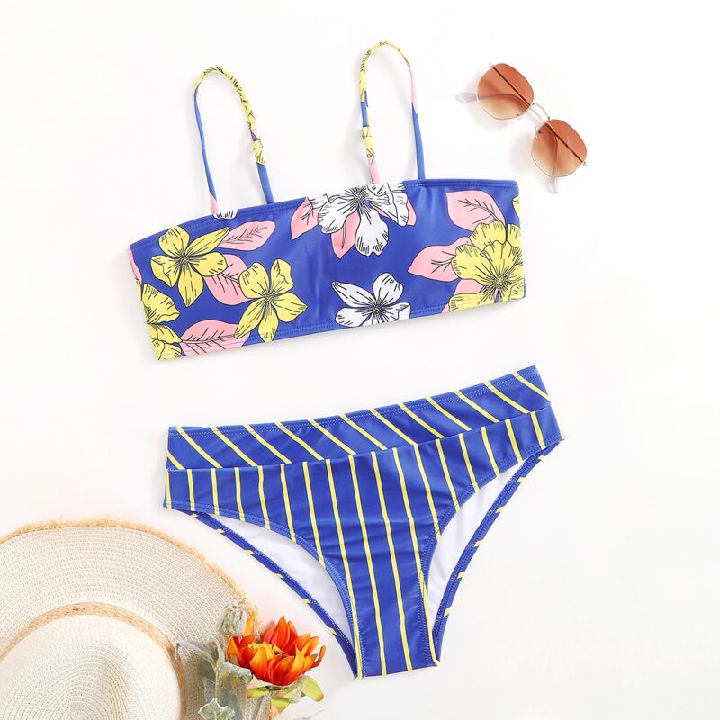 

Floral & Striped Bikini Swimsuit, Multicolor